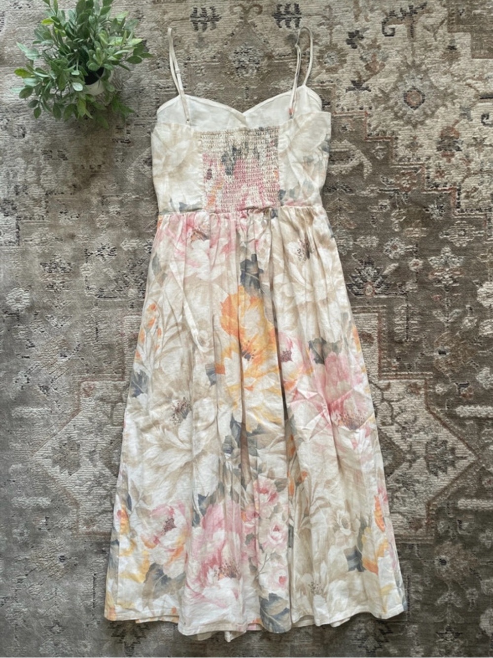 H&M Cream Floral Smocked Bust Midi Dress with Pink and Orange Accents